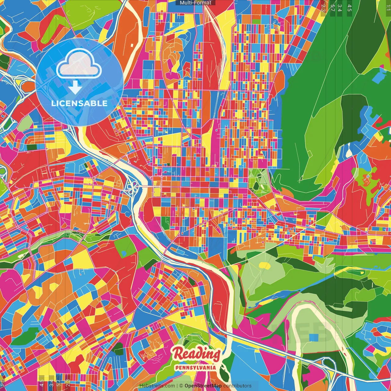 Reading, Pennsylvania, United States Crazy Colorful Street Map Poster Template