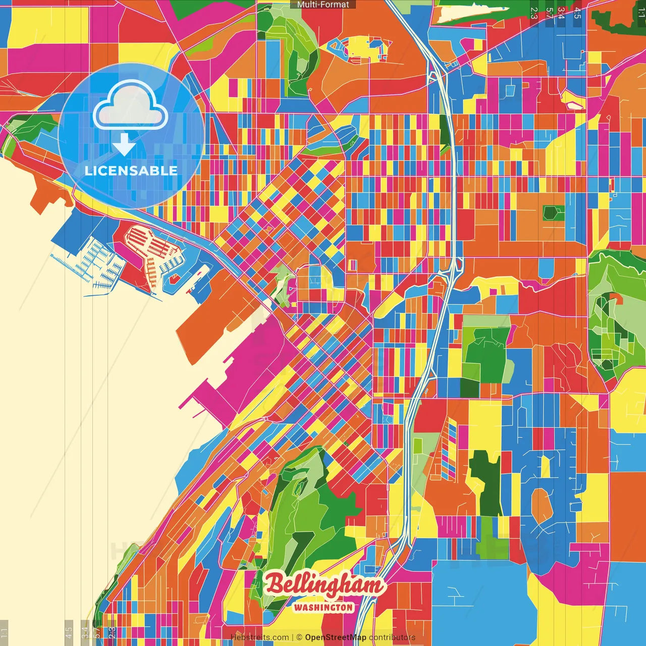 Bellingham, Washington, United States Crazy Colorful Street Map Poster Template