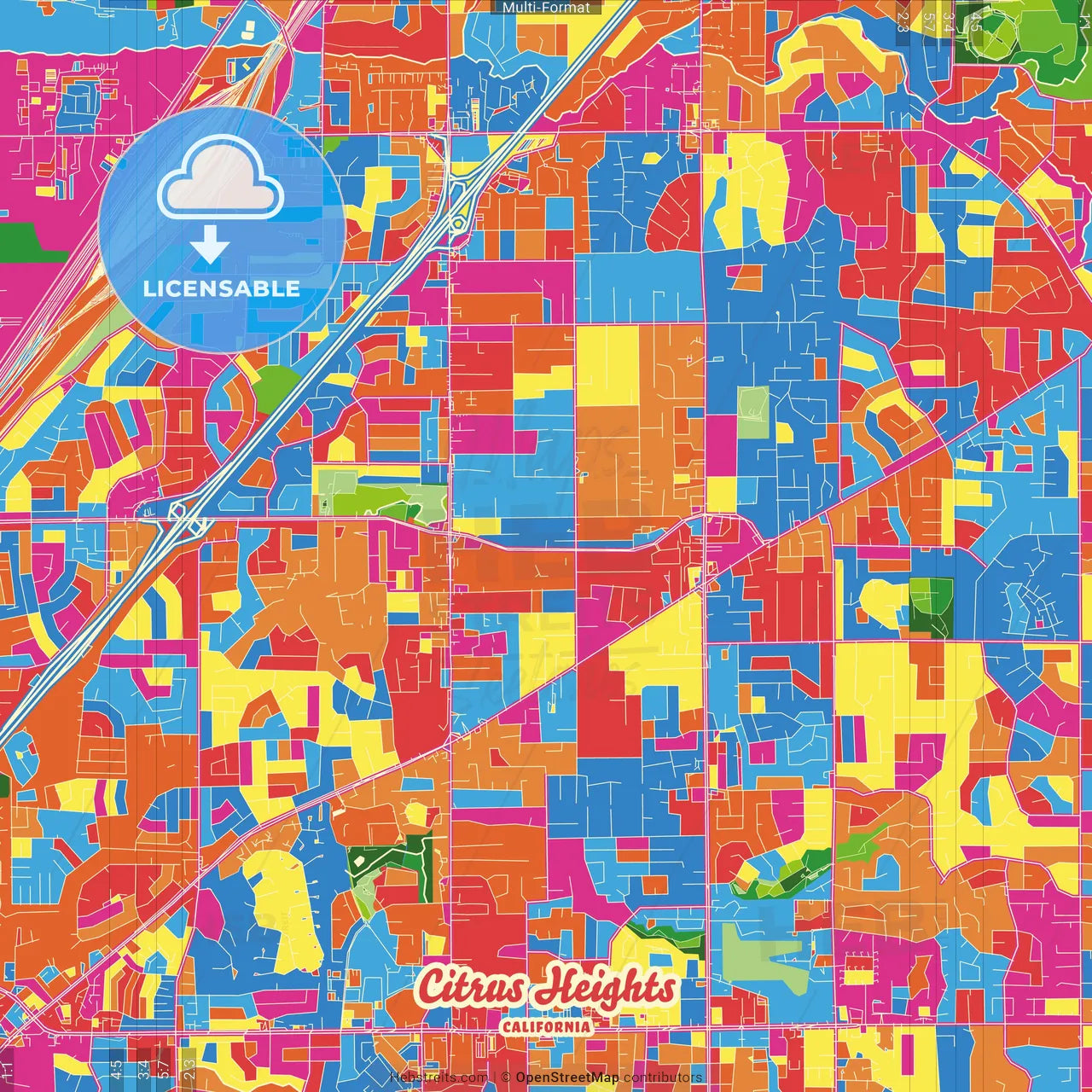 Citrus Heights, California, United States Crazy Colorful Street Map Poster Template