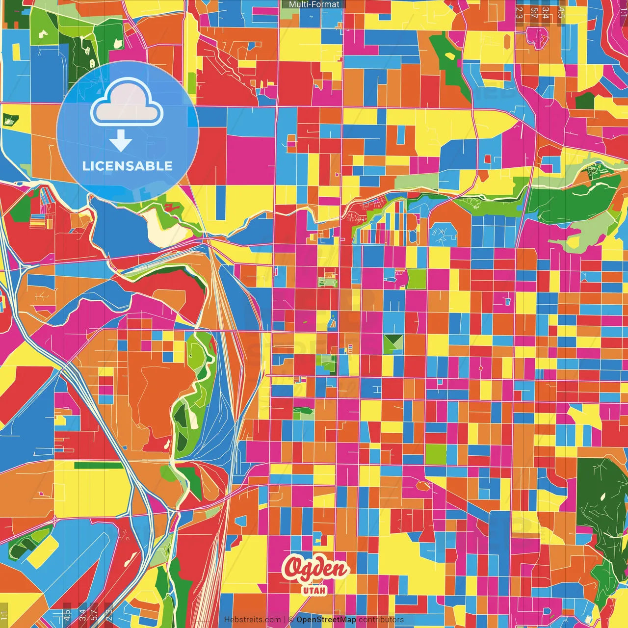 Ogden, Utah, United States Crazy Colorful Street Map Poster Template