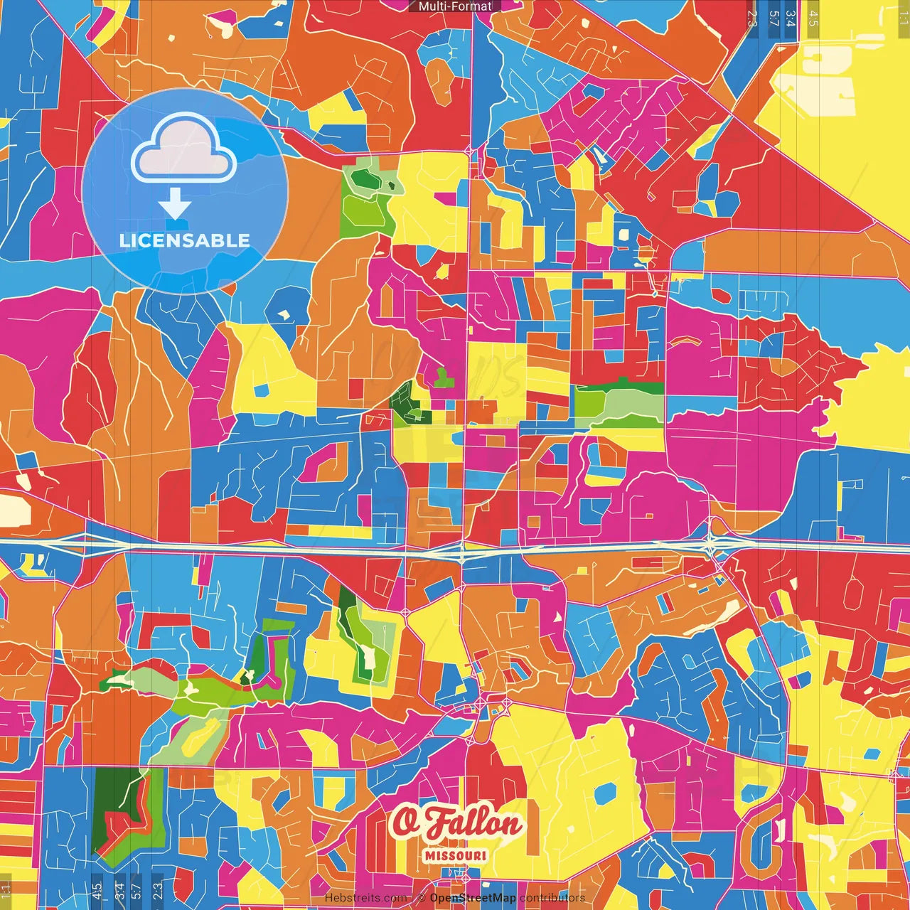 O Fallon, Missouri, United States Crazy Colorful Street Map Poster Template