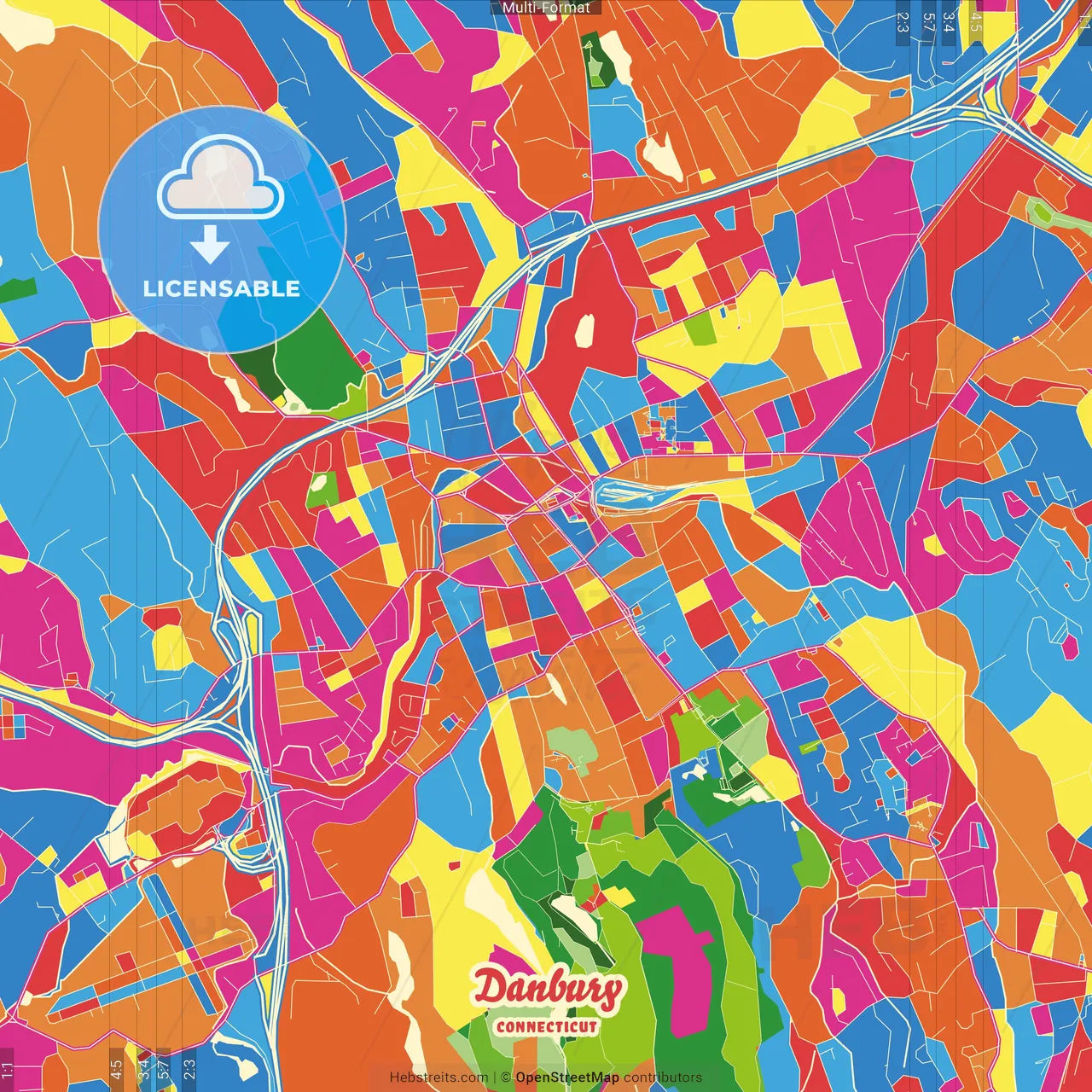 Danbury, Connecticut, United States Crazy Colorful Street Map Poster Template