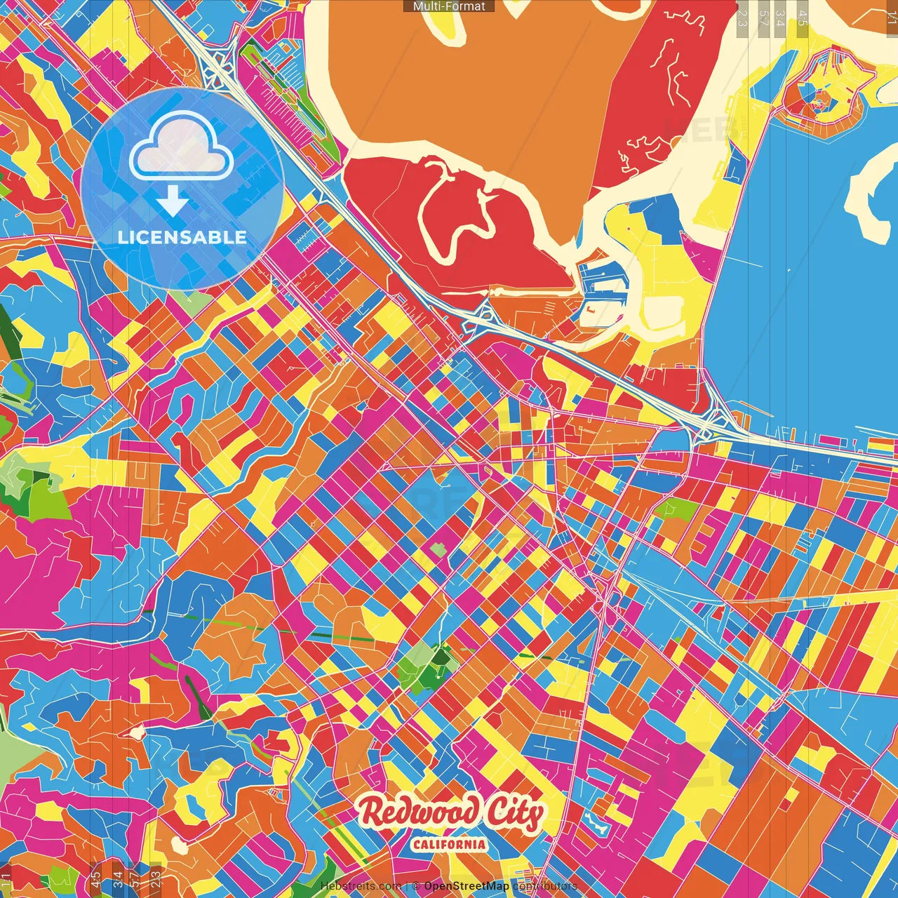 Redwood City, California, United States Crazy Colorful Street Map Poster Template