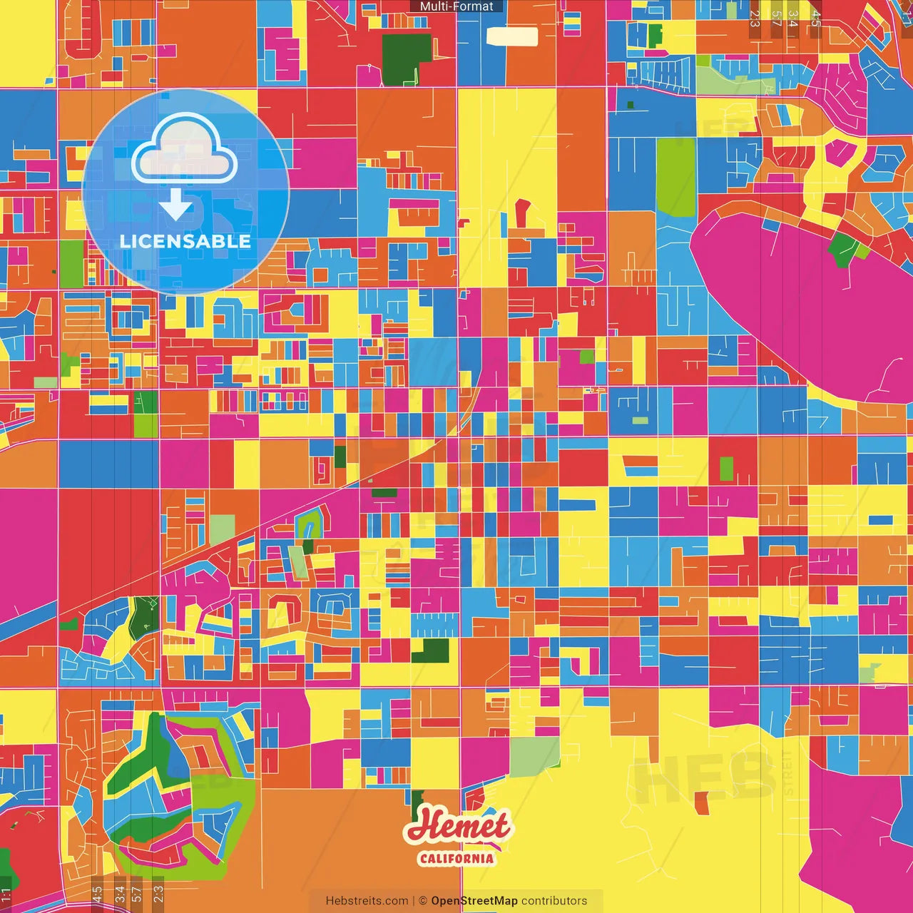 Hemet, California, United States Crazy Colorful Street Map Poster Template