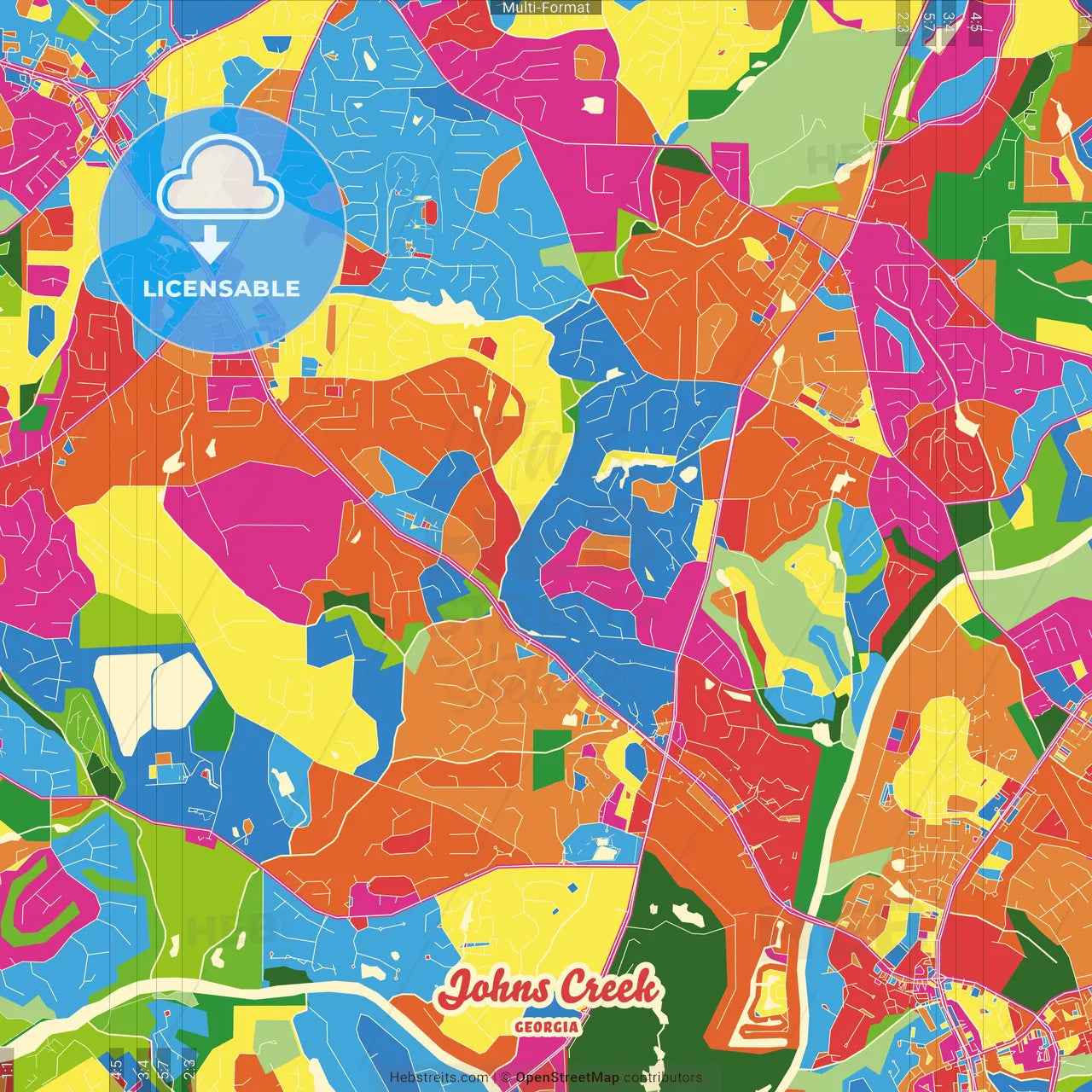 Johns Creek, Georgia, United States Crazy Colorful Street Map Poster Template