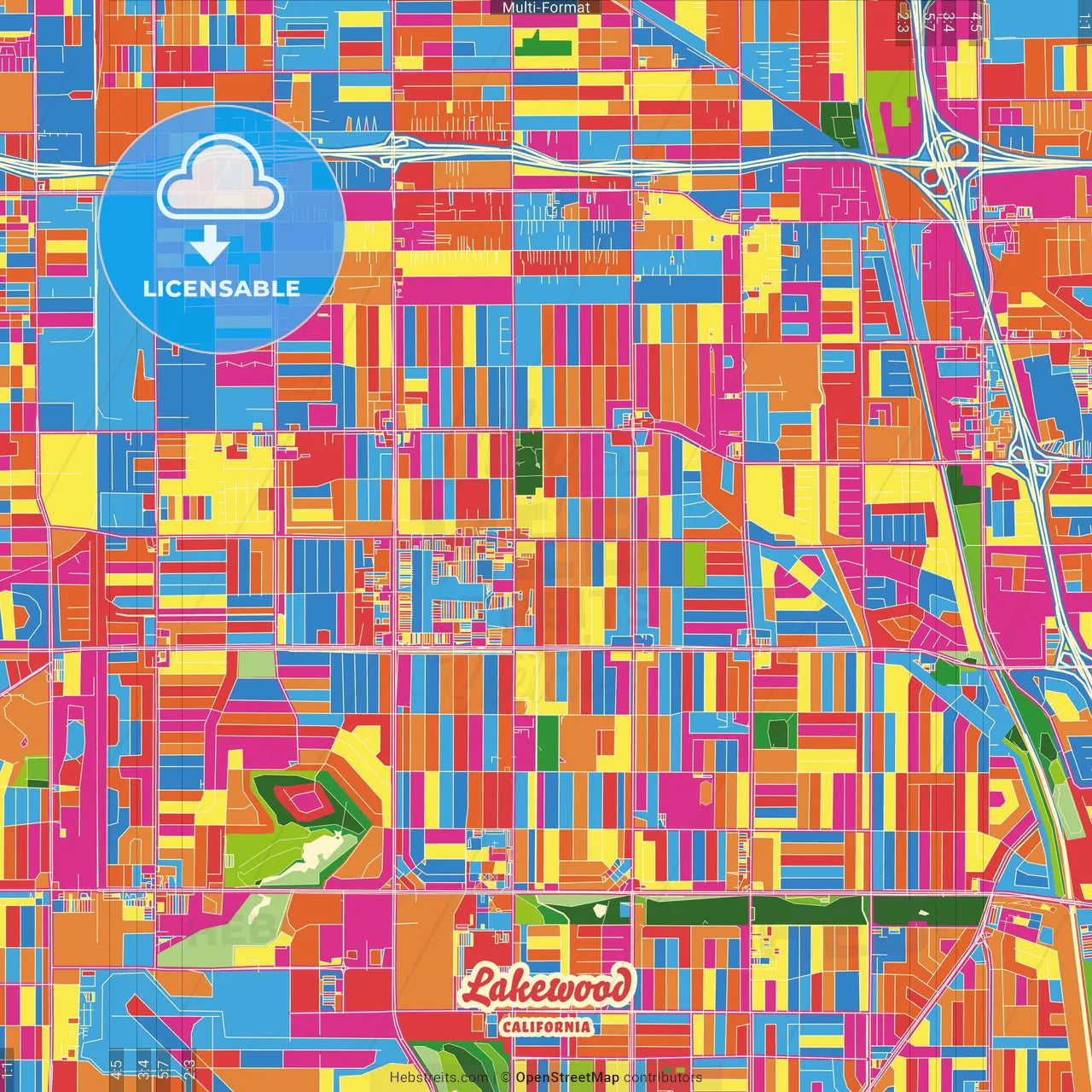 Lakewood, California, United States Crazy Colorful Street Map Poster Template