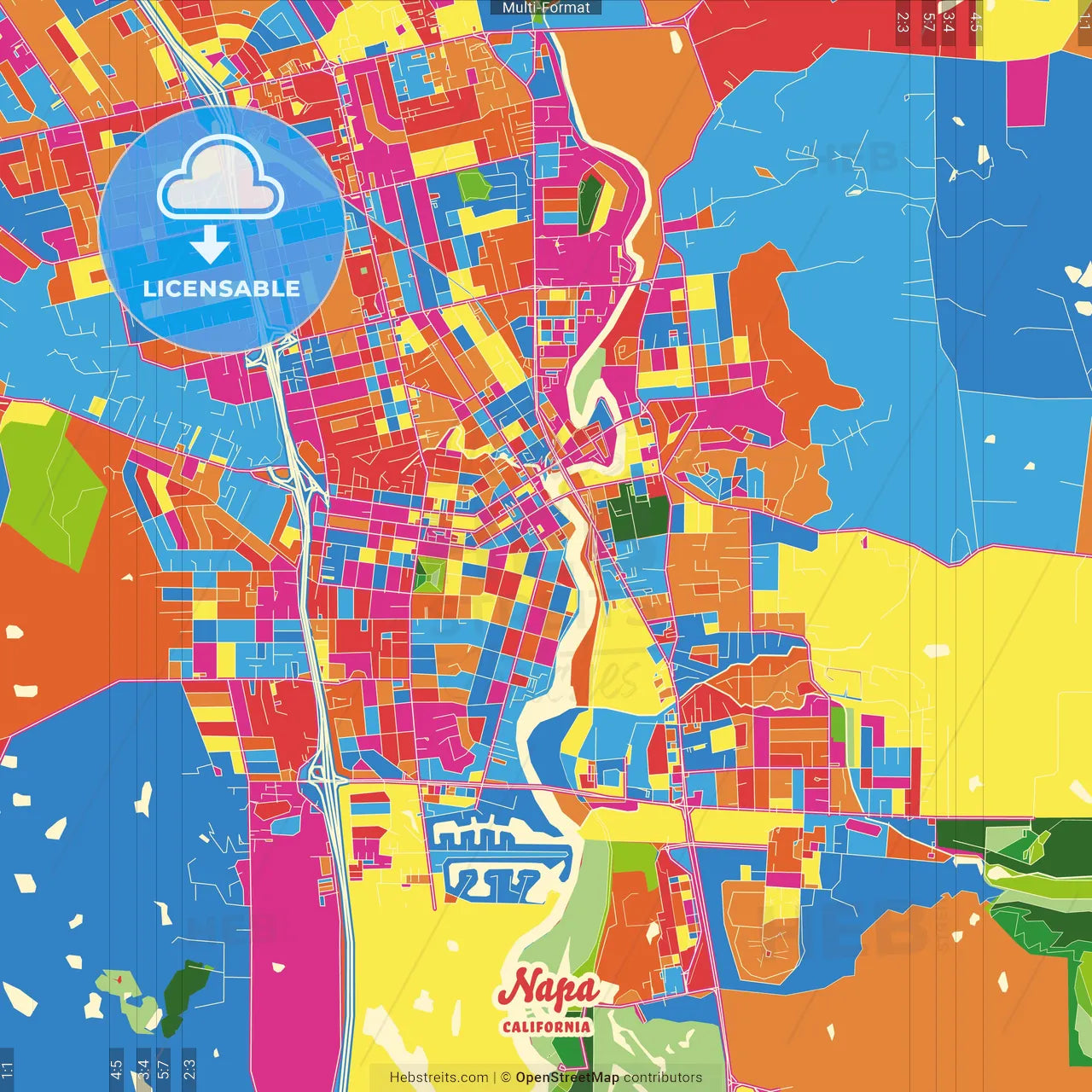 Napa, California, United States Crazy Colorful Street Map Poster Template