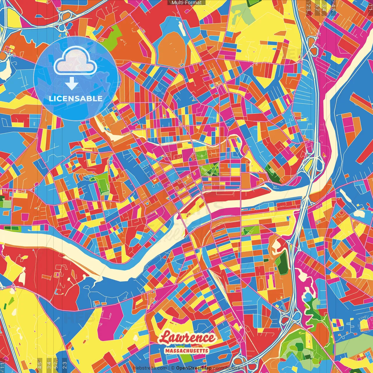 Lawrence, Massachusetts, United States Crazy Colorful Street Map Poster Template
