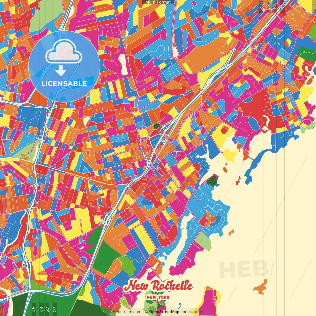 New Rochelle, New York, United States Crazy Colorful Street Map Poster Template