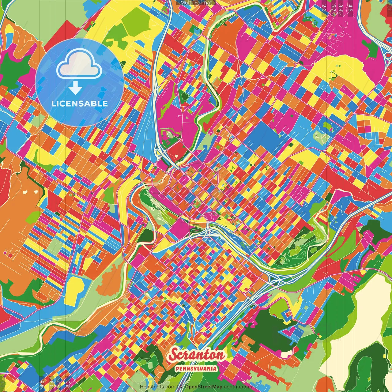 Scranton, Pennsylvania, United States Crazy Colorful Street Map Poster Template