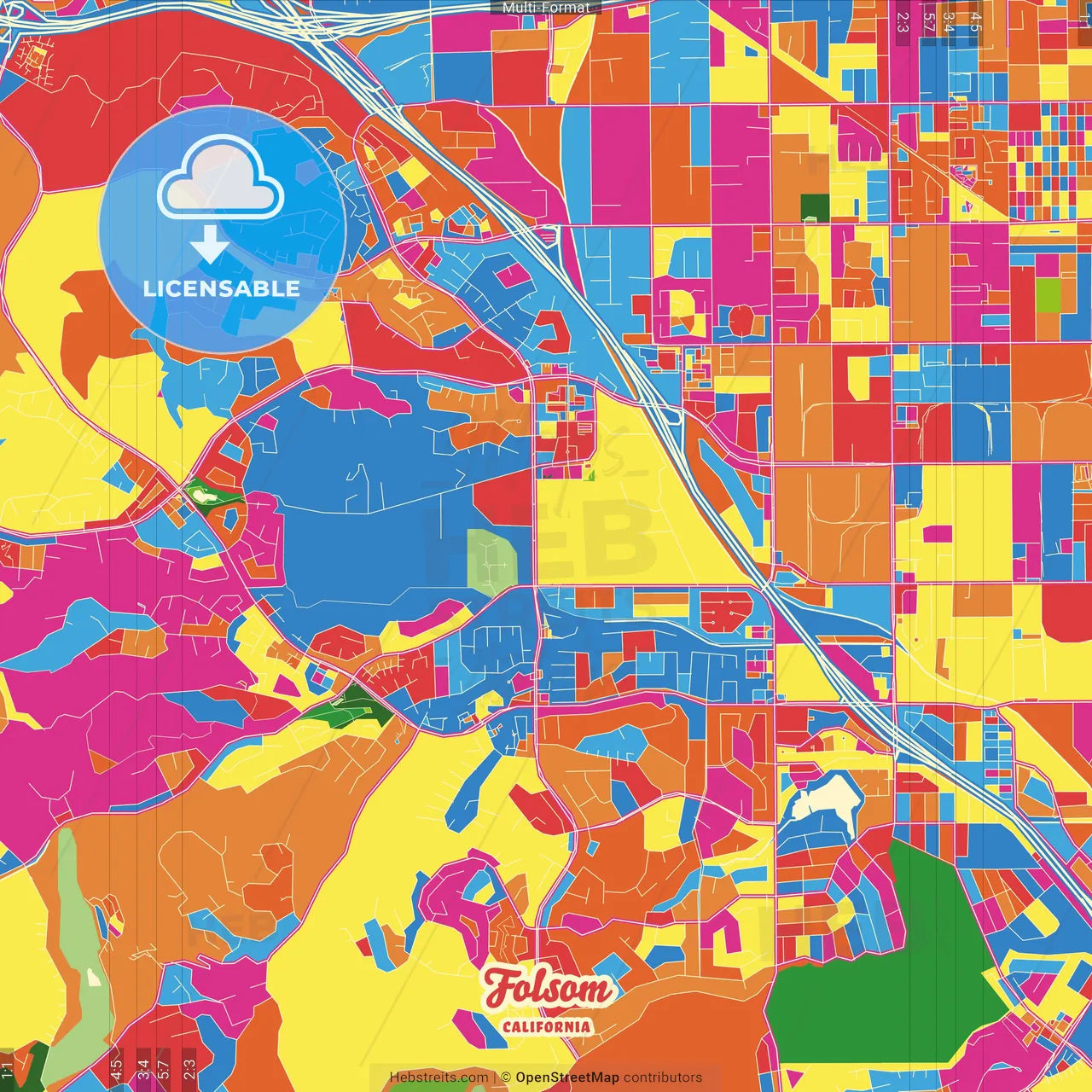 Folsom, California, United States Crazy Colorful Street Map Poster Template