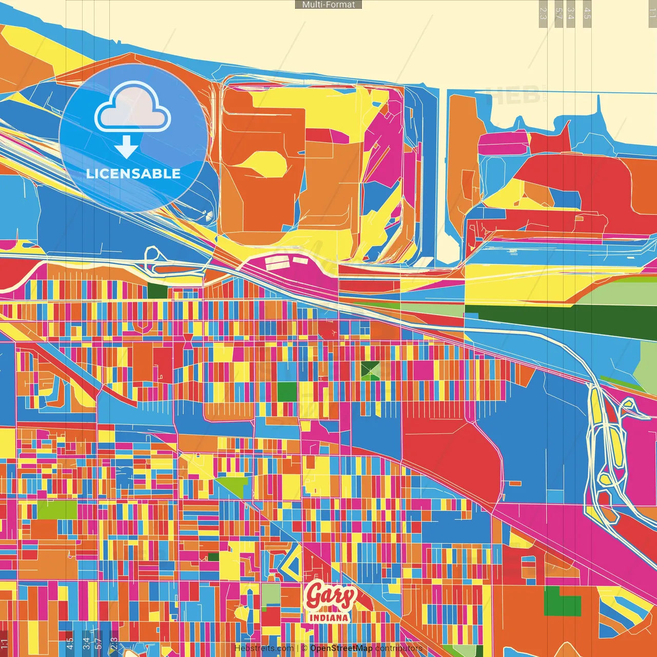 Gary, Indiana, United States Crazy Colorful Street Map Poster Template