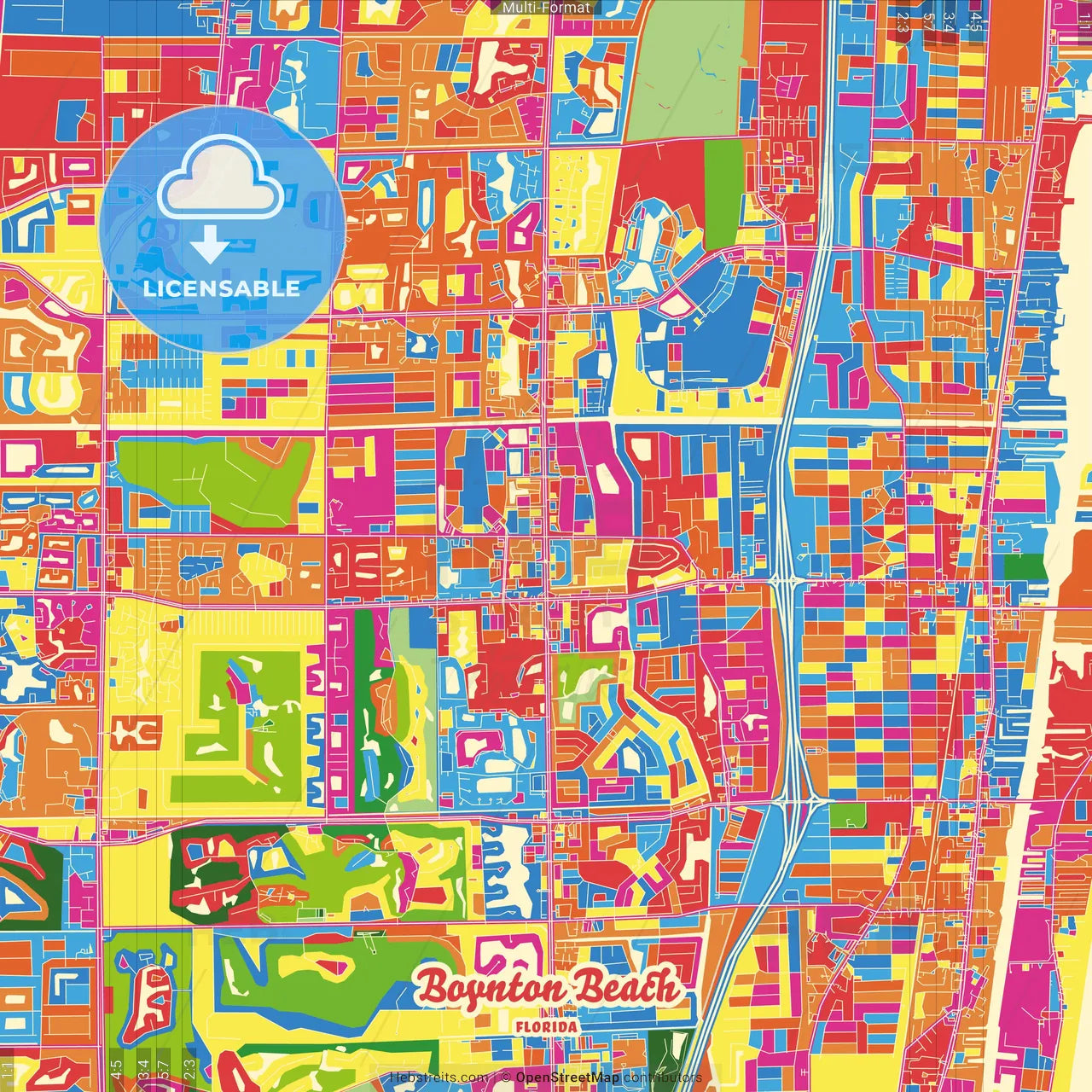 Boynton Beach, Florida, United States Crazy Colorful Street Map Poster Template
