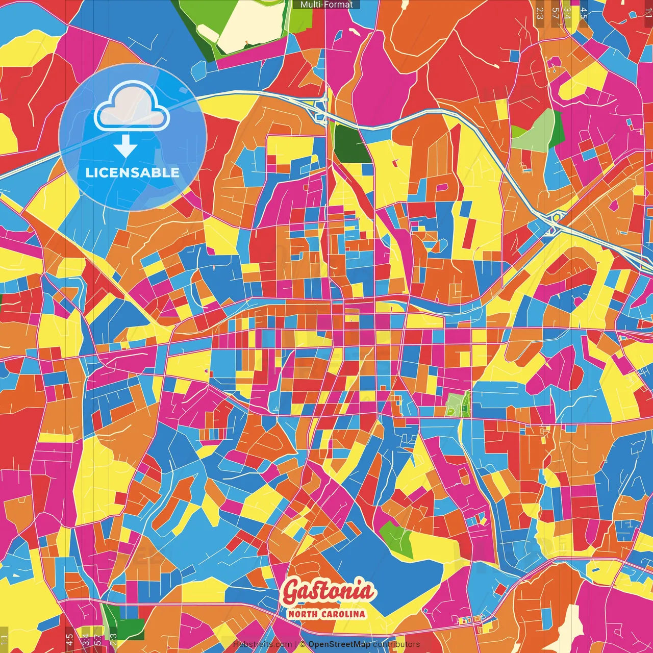 Gastonia, North Carolina, United States Crazy Colorful Street Map Poster Template