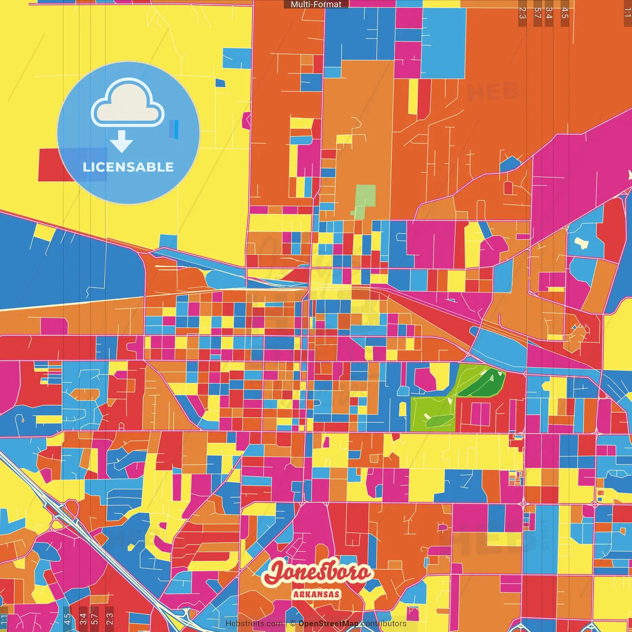 Jonesboro, Arkansas, United States Crazy Colorful Street Map Poster Template