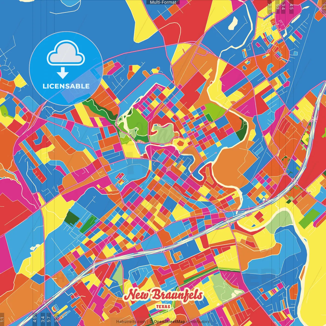 New Braunfels, Texas, United States Crazy Colorful Street Map Poster Template