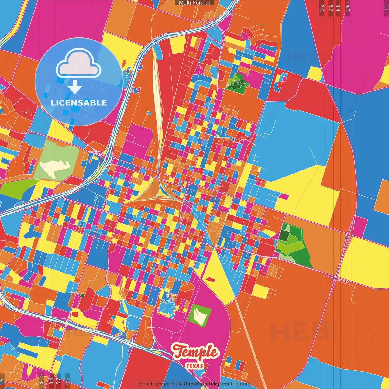 Temple, Texas, United States Crazy Colorful Street Map Poster Template