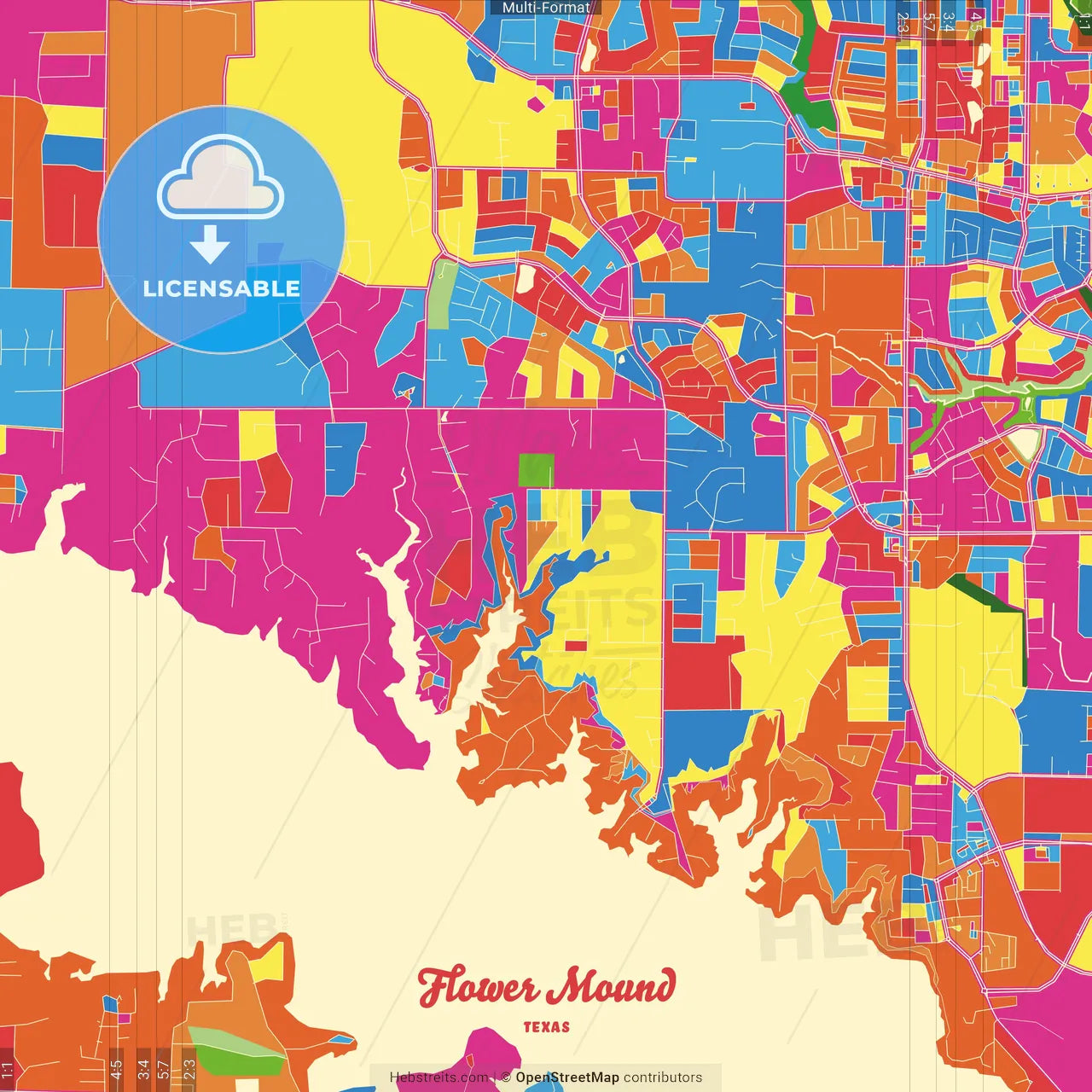 Flower Mound, Texas, United States Crazy Colorful Street Map Poster Template