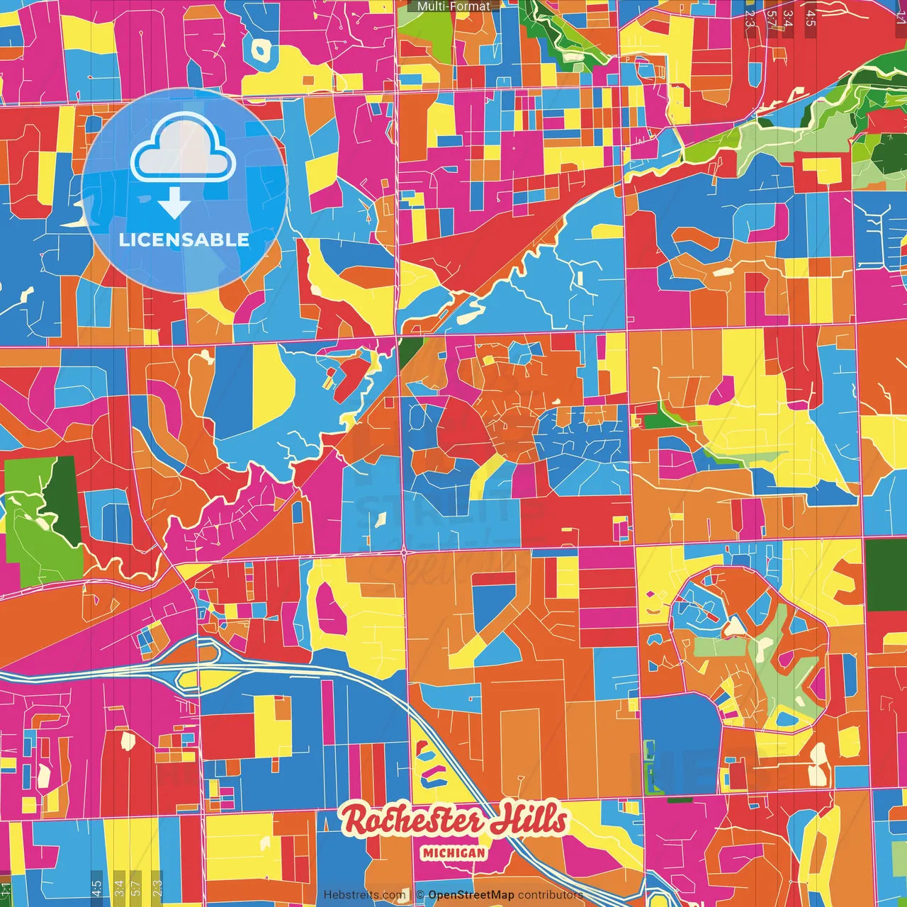 Rochester Hills, Michigan, United States Crazy Colorful Street Map Poster Template