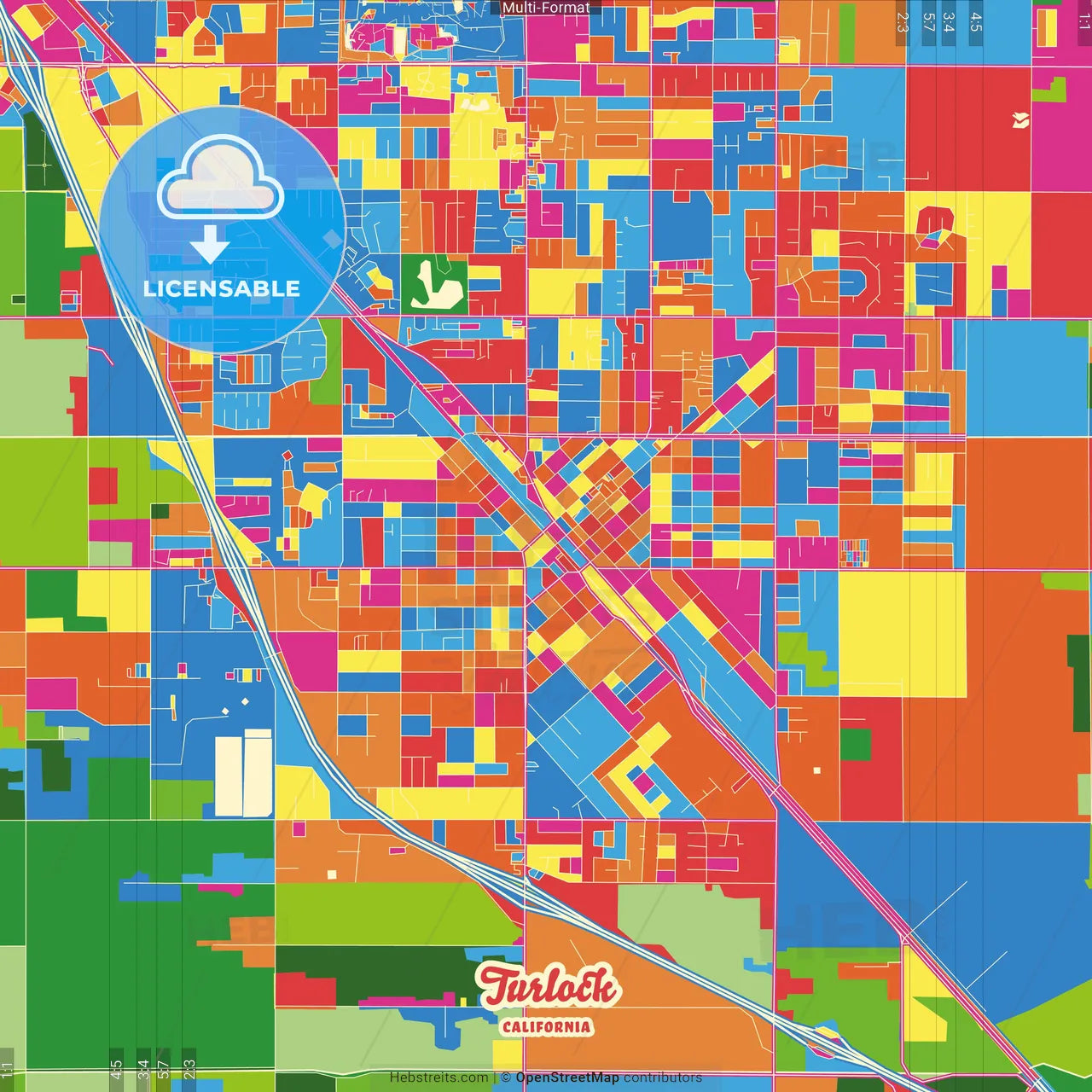 Turlock, California, United States Crazy Colorful Street Map Poster Template