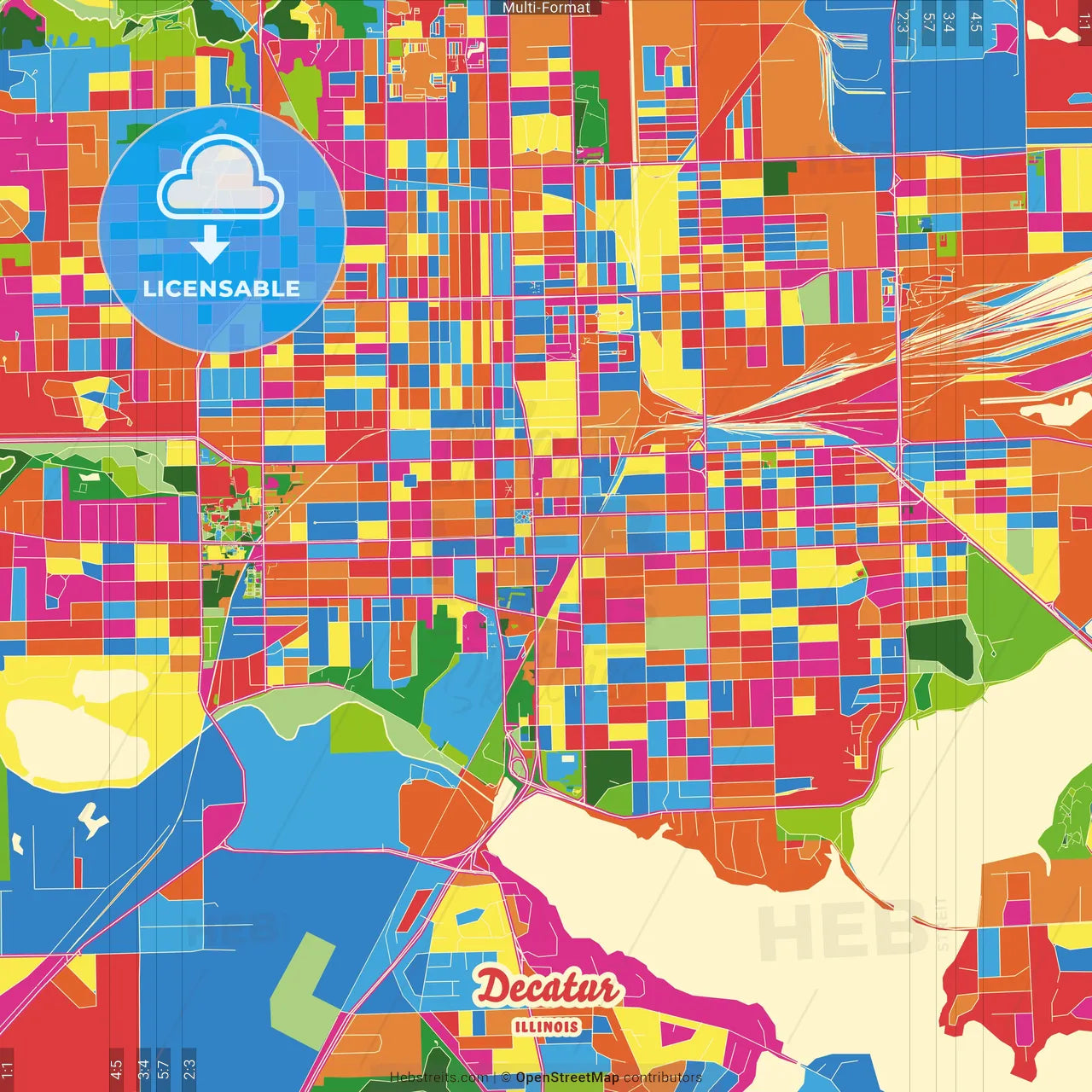 Decatur, Illinois, United States Crazy Colorful Street Map Poster Template
