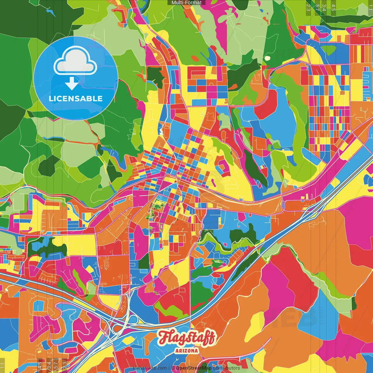 Flagstaff, Arizona, United States Crazy Colorful Street Map Poster Template