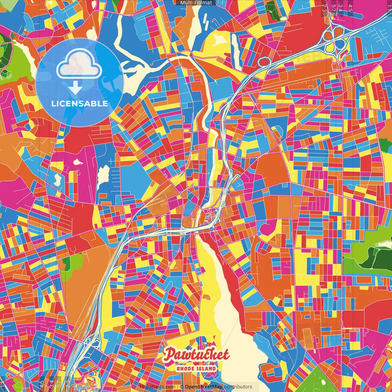 Pawtucket, Rhode Island, United States Crazy Colorful Street Map Poster Template
