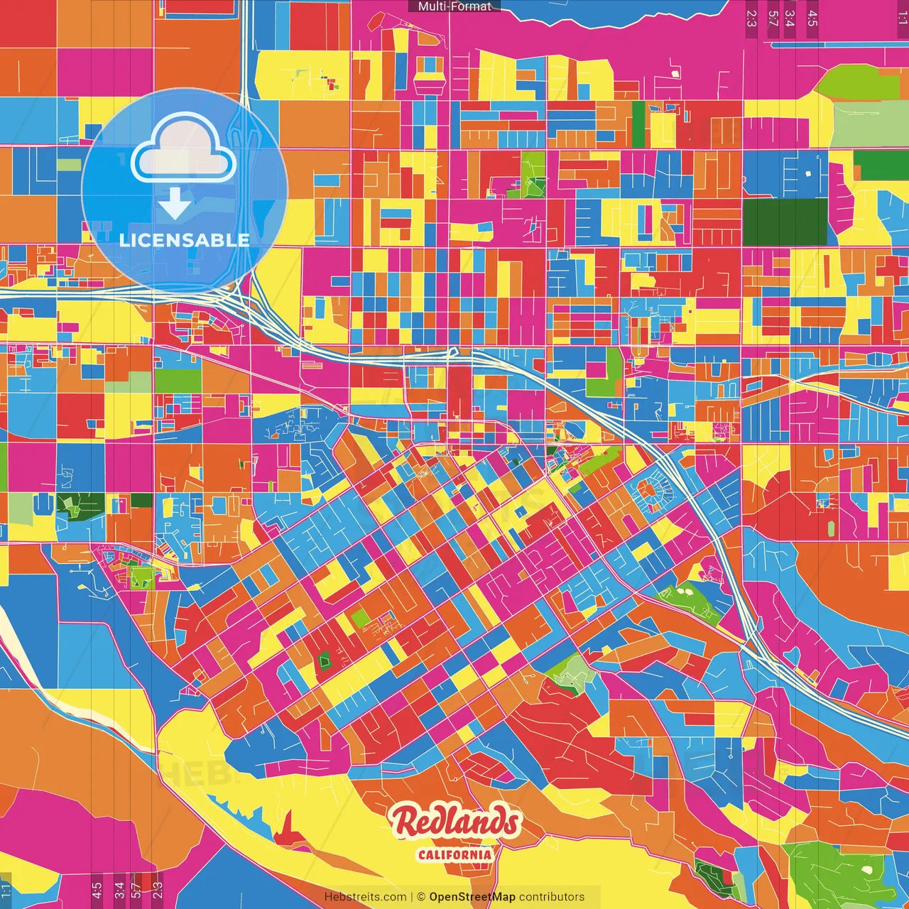 Redlands, California, United States Crazy Colorful Street Map Poster Template
