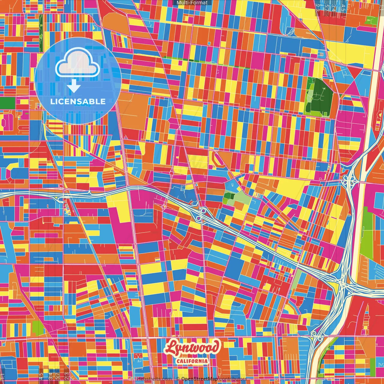 Lynwood, California, United States Crazy Colorful Street Map Poster Template