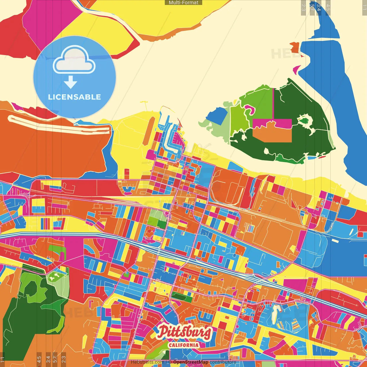 Pittsburg, California, United States Crazy Colorful Street Map Poster Template