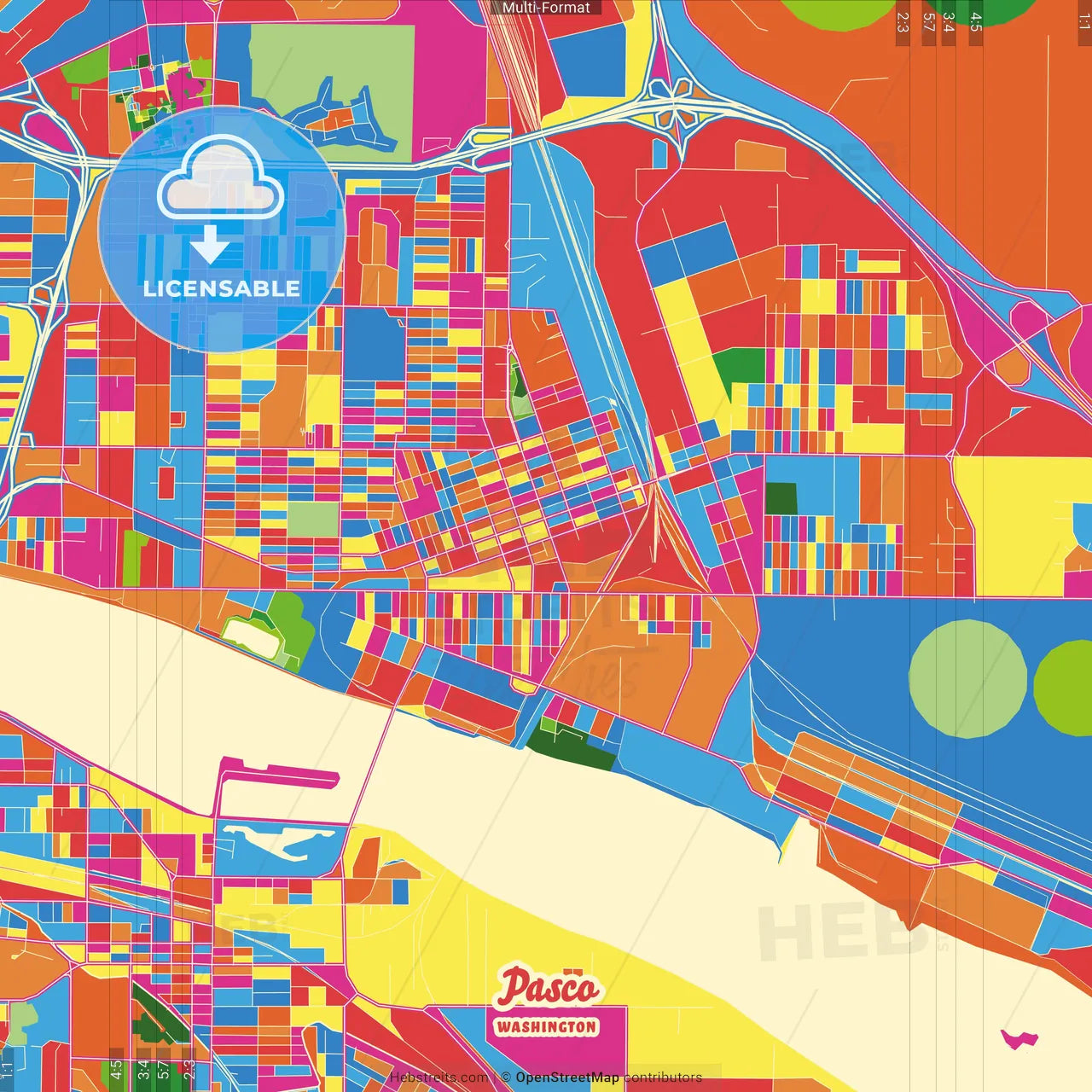 Pasco, Washington, United States Crazy Colorful Street Map Poster Template