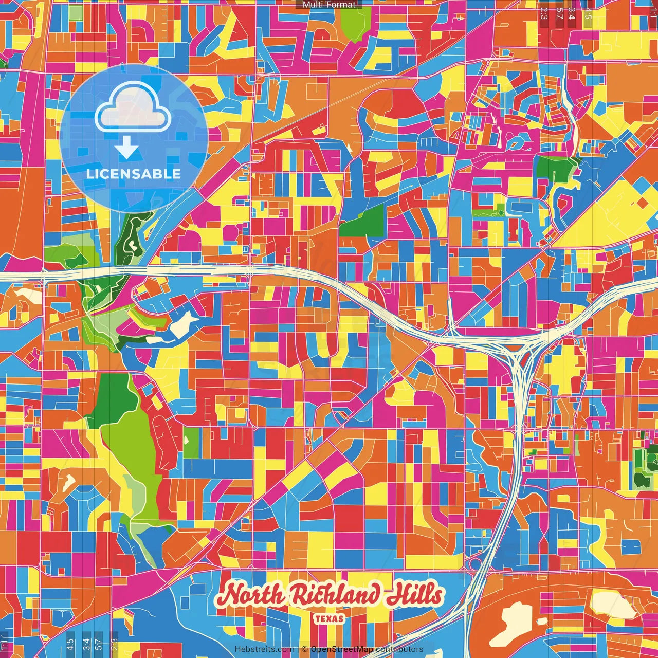 North Richland Hills, Texas, United States Crazy Colorful Street Map Poster Template