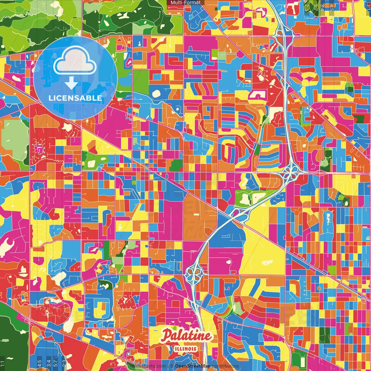 Palatine, Illinois, United States Crazy Colorful Street Map Poster Template