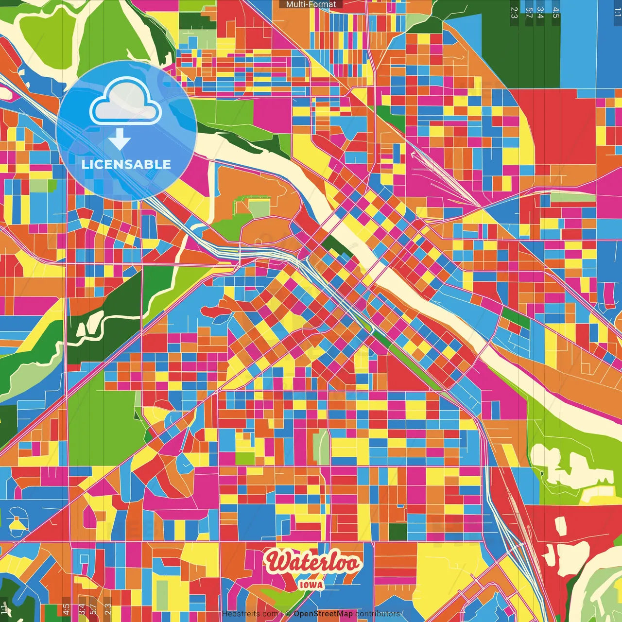 Waterloo, Iowa, United States Crazy Colorful Street Map Poster Template