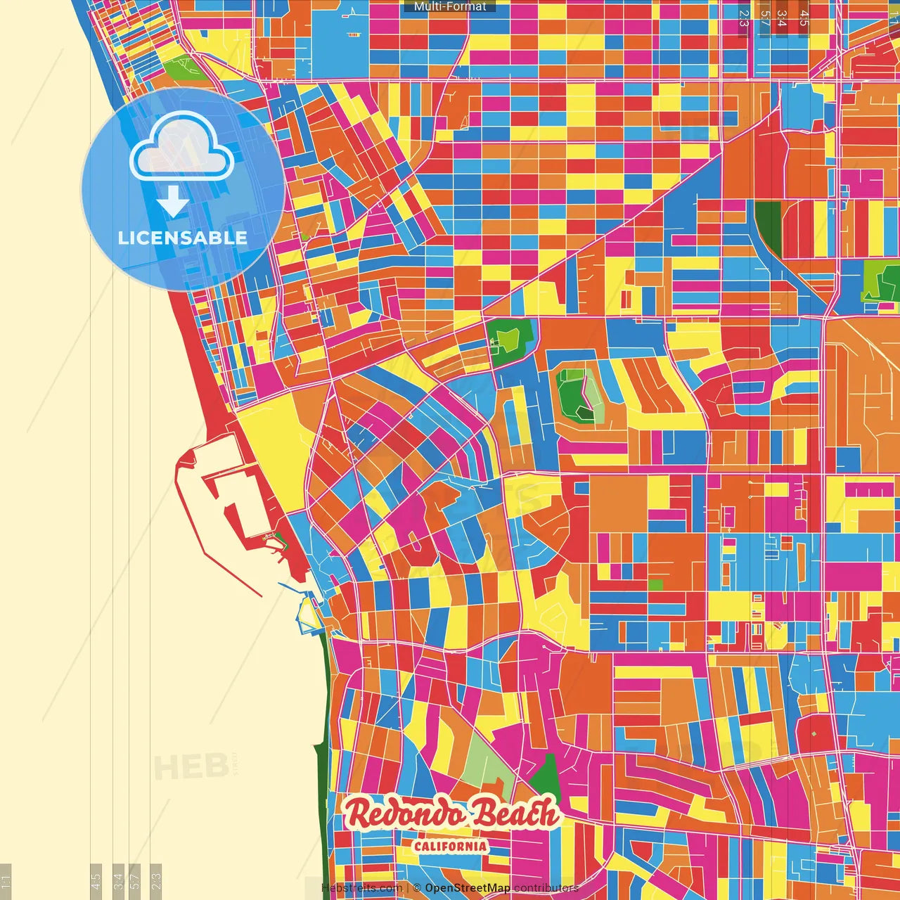 Redondo Beach, California, United States Crazy Colorful Street Map Poster Template
