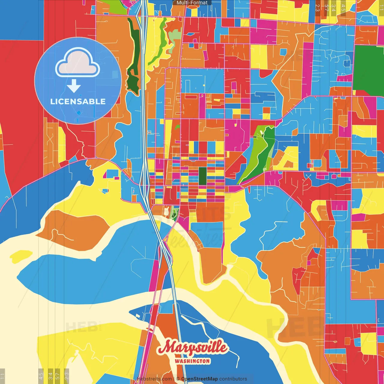Marysville, Washington, United States Crazy Colorful Street Map Poster Template