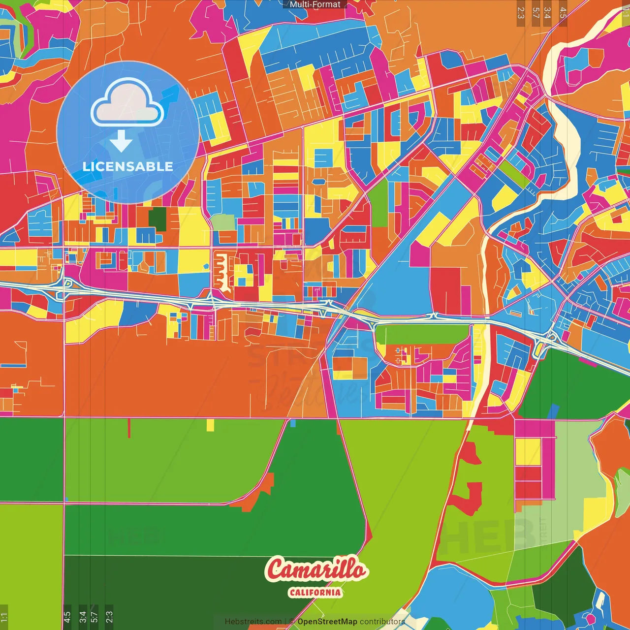 Camarillo, California, United States Crazy Colorful Street Map Poster Template