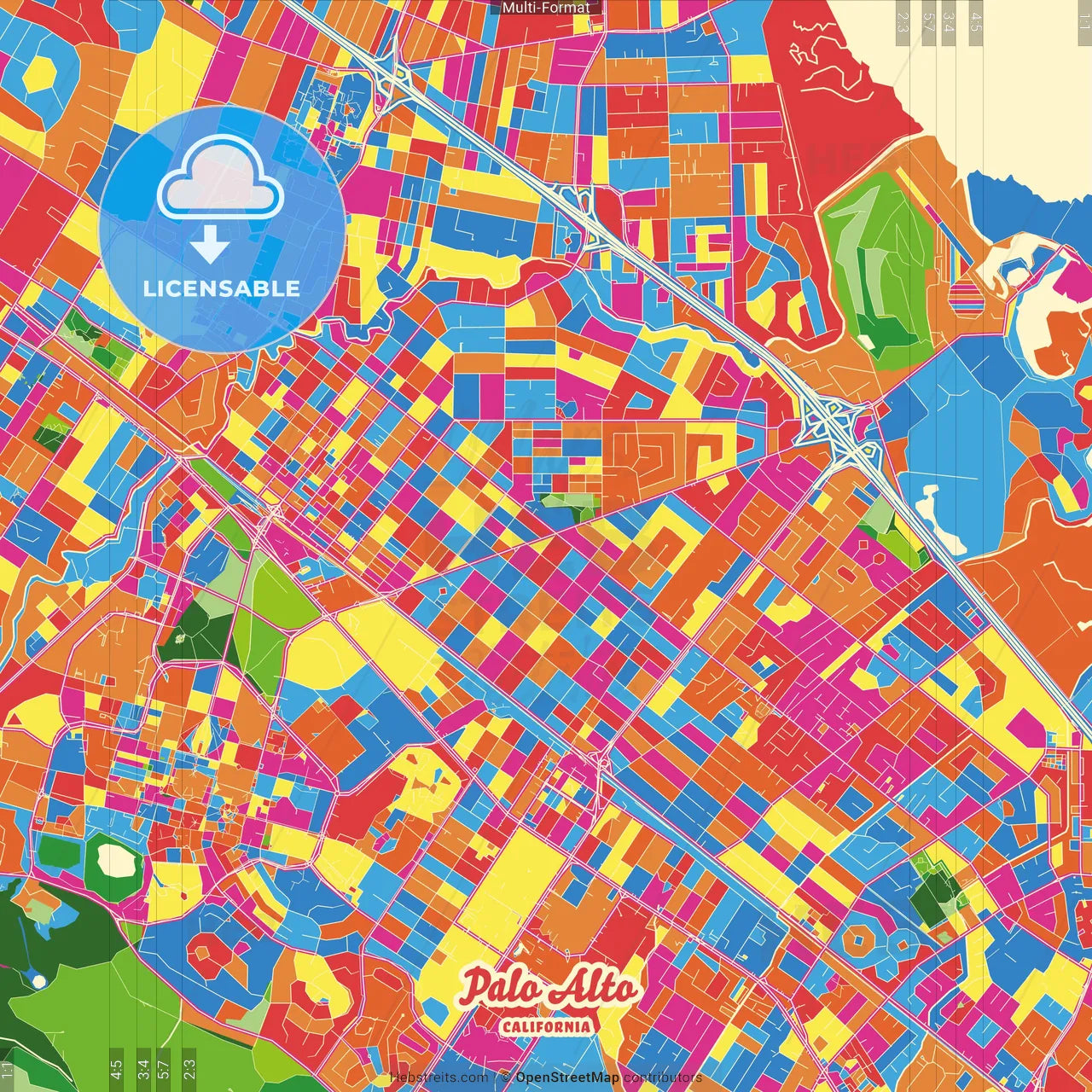 Palo Alto, California, United States Crazy Colorful Street Map Poster Template