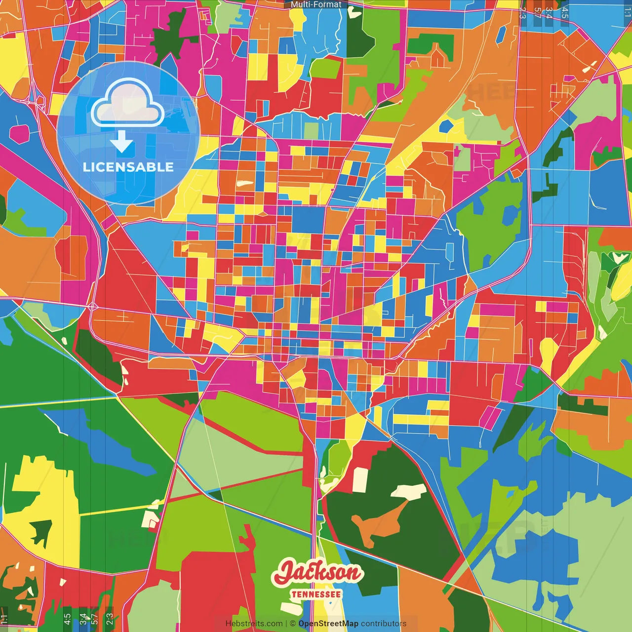 Jackson, Tennessee, United States Crazy Colorful Street Map Poster Template
