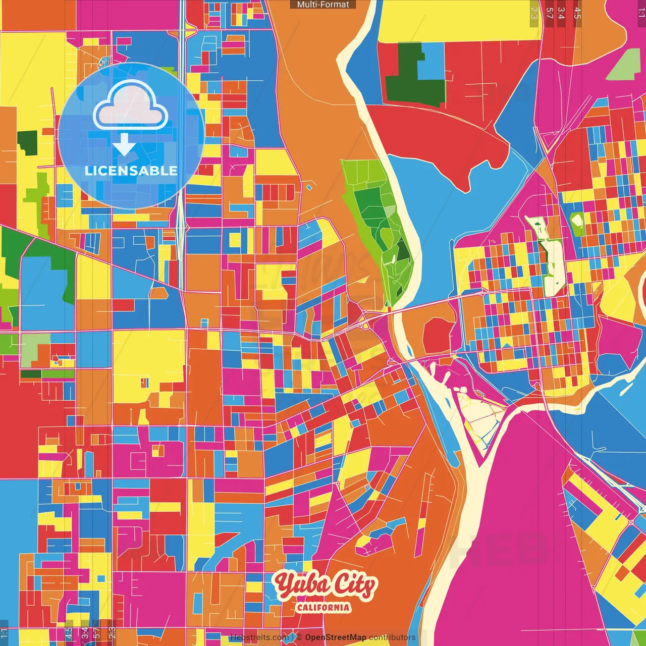 Yuba City, California, United States Crazy Colorful Street Map Poster Template