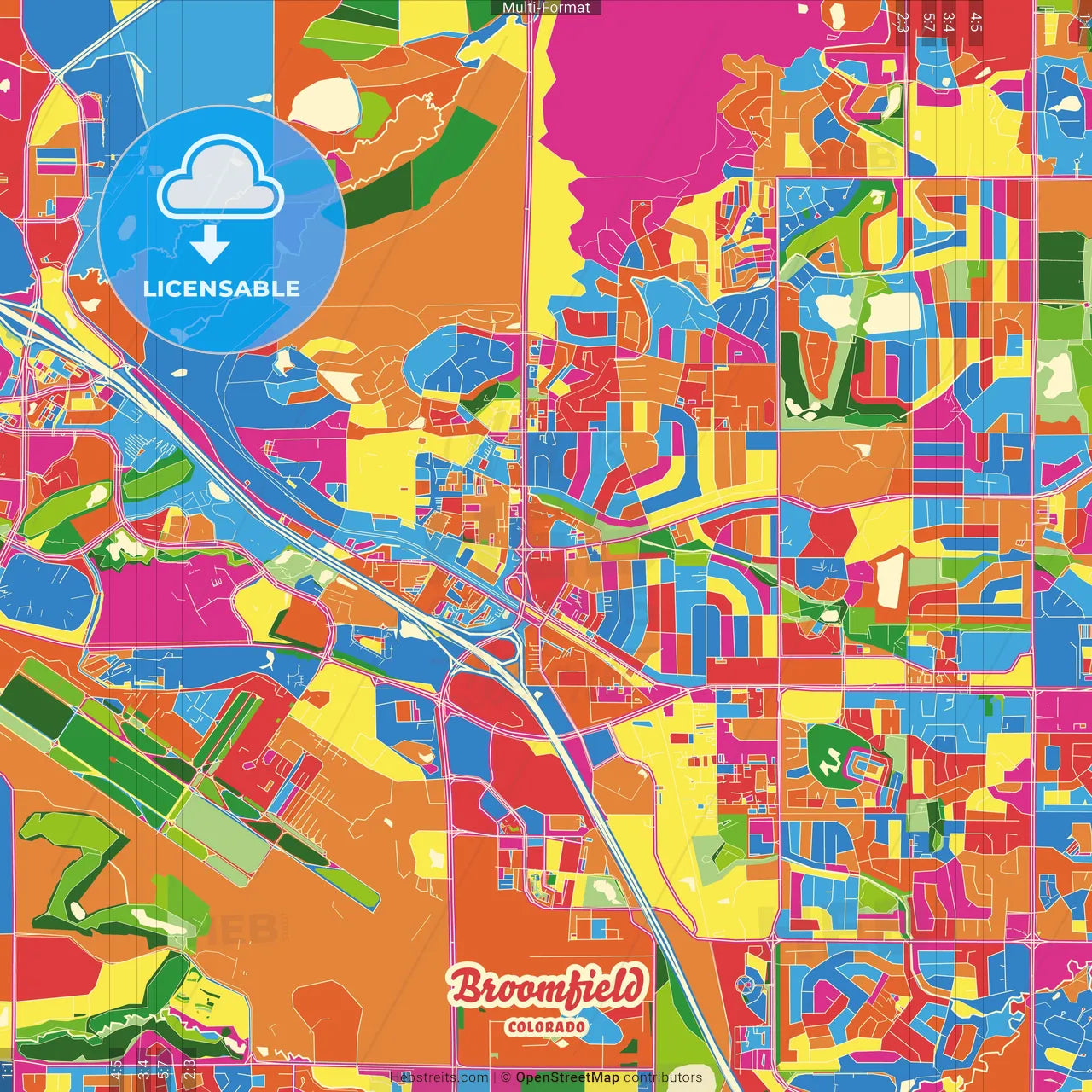 Broomfield, Colorado, United States Crazy Colorful Street Map Poster Template