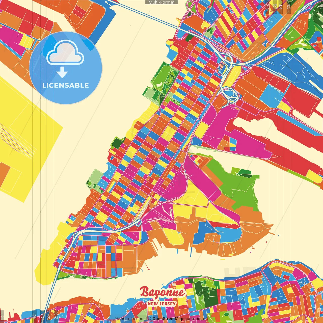 Bayonne, New Jersey, United States Crazy Colorful Street Map Poster Template