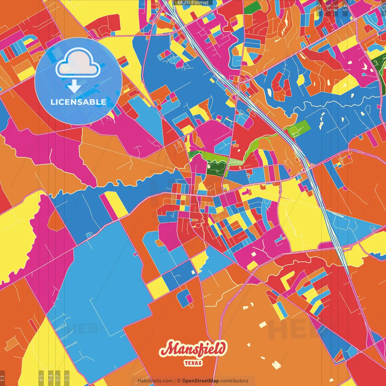 Mansfield, Texas, United States Crazy Colorful Street Map Poster Template