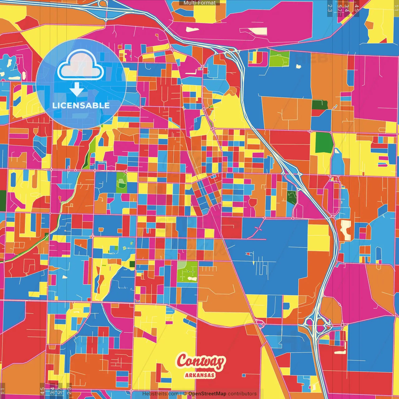Conway, Arkansas, United States Crazy Colorful Street Map Poster Template