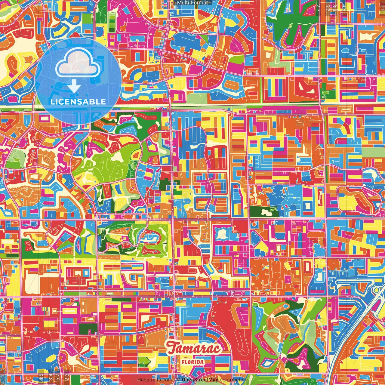 Tamarac, Florida, United States Crazy Colorful Street Map Poster Template