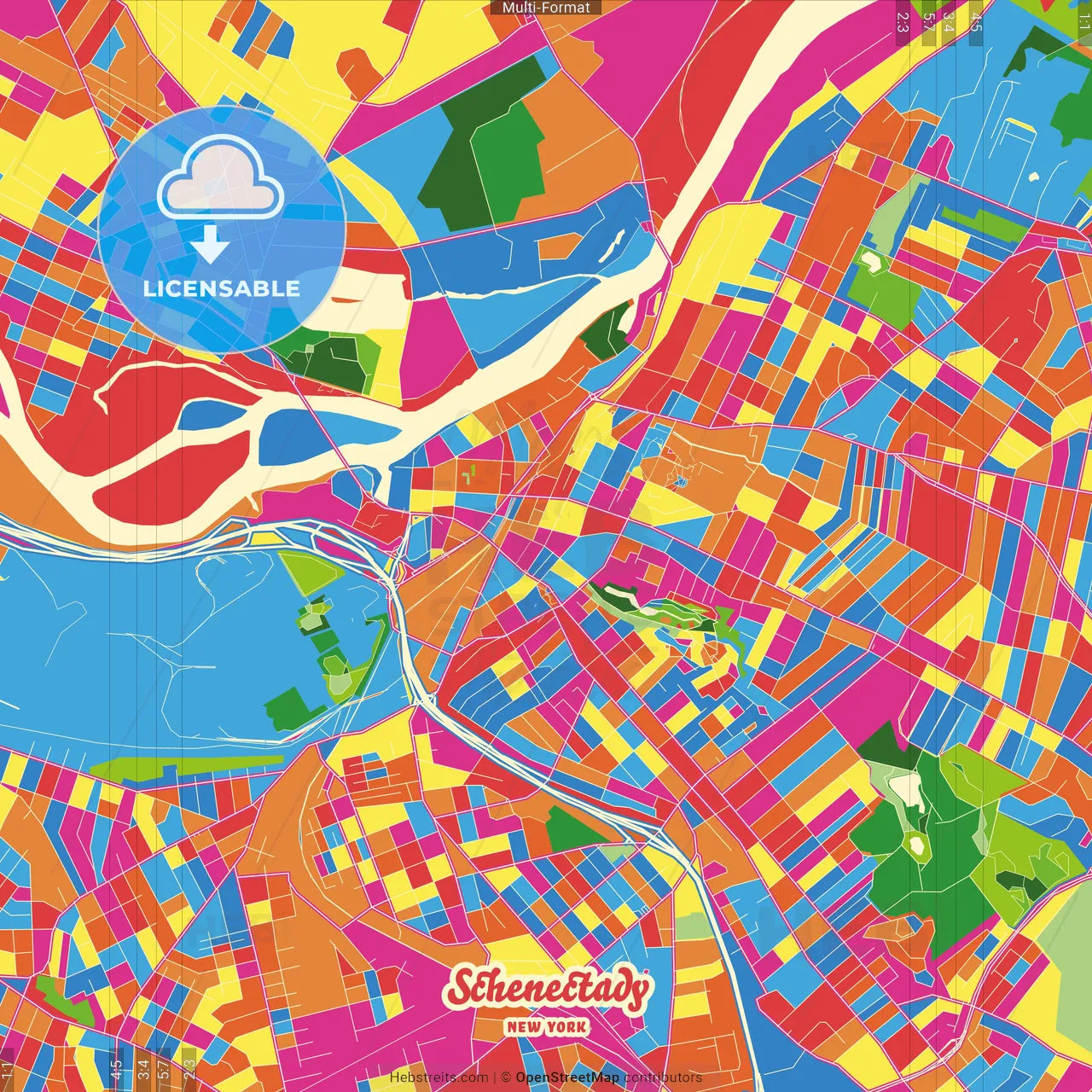 Schenectady, New York, United States Crazy Colorful Street Map Poster Template