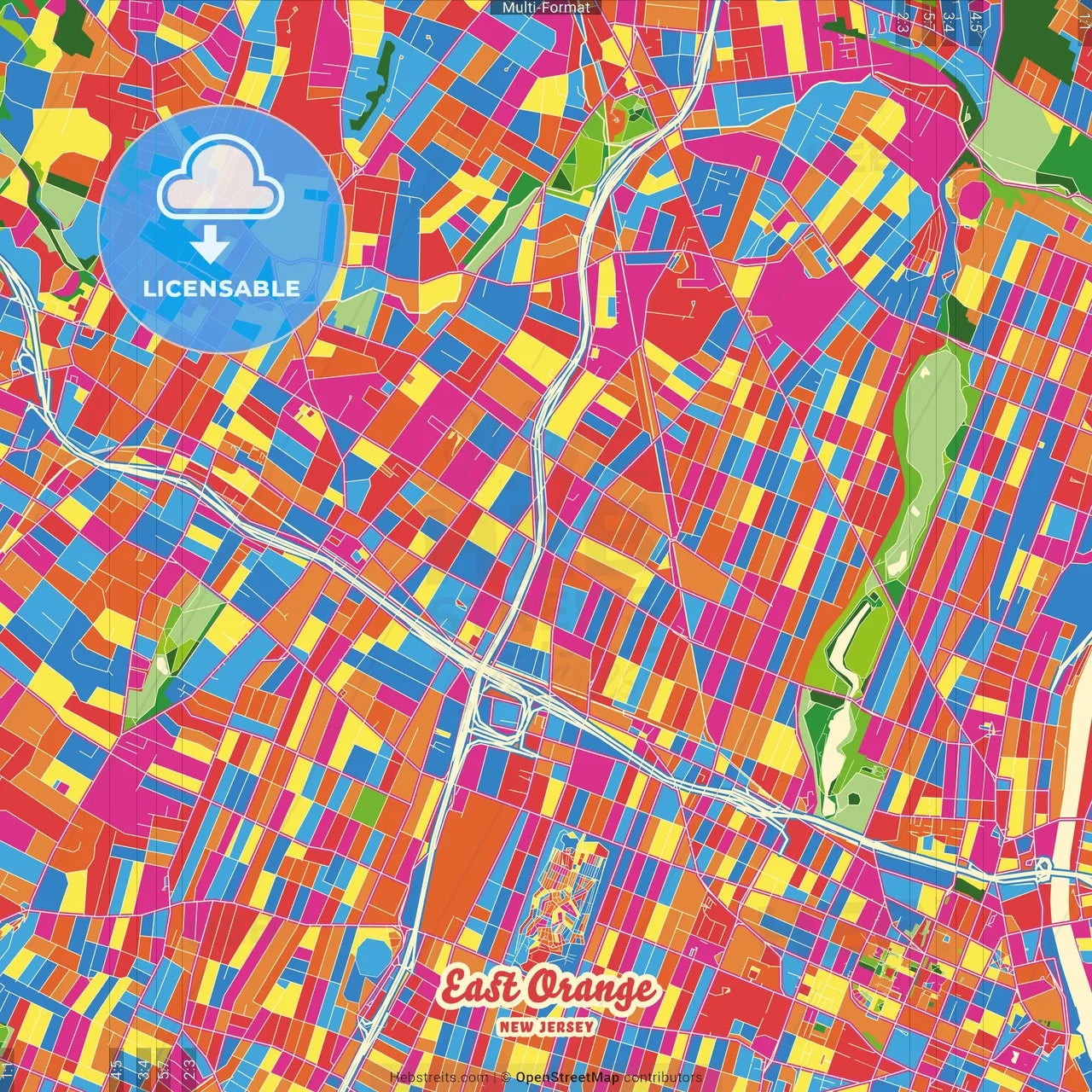 East Orange, New Jersey, United States Crazy Colorful Street Map Poster Template