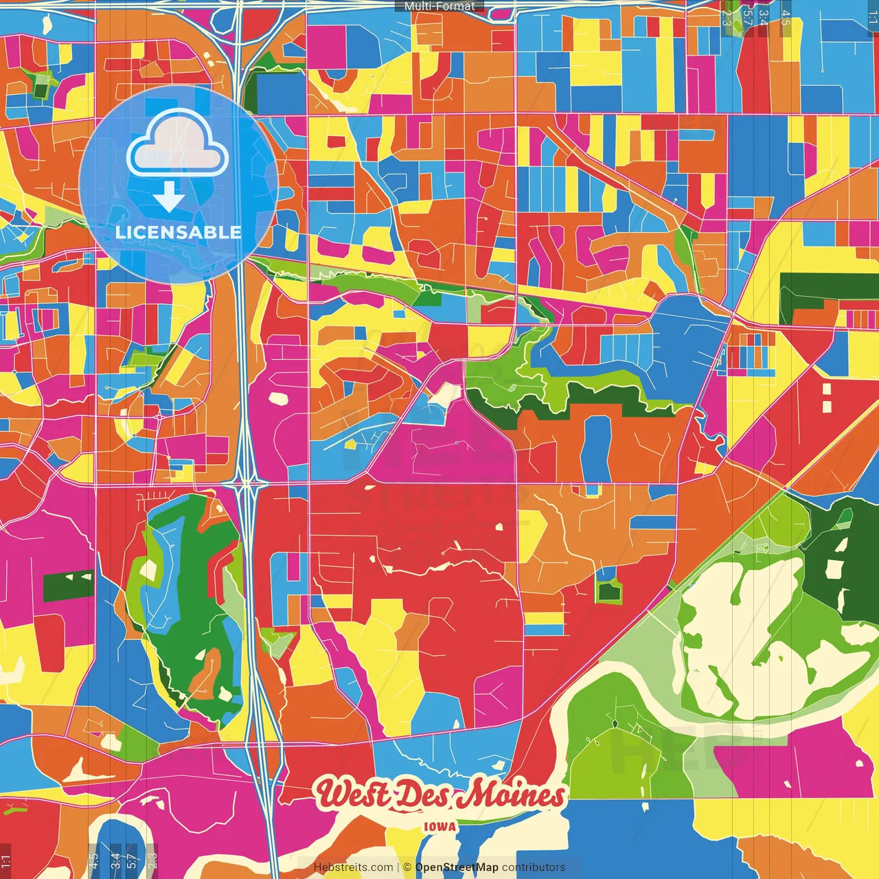 West Des Moines, Iowa, United States Crazy Colorful Street Map Poster Template