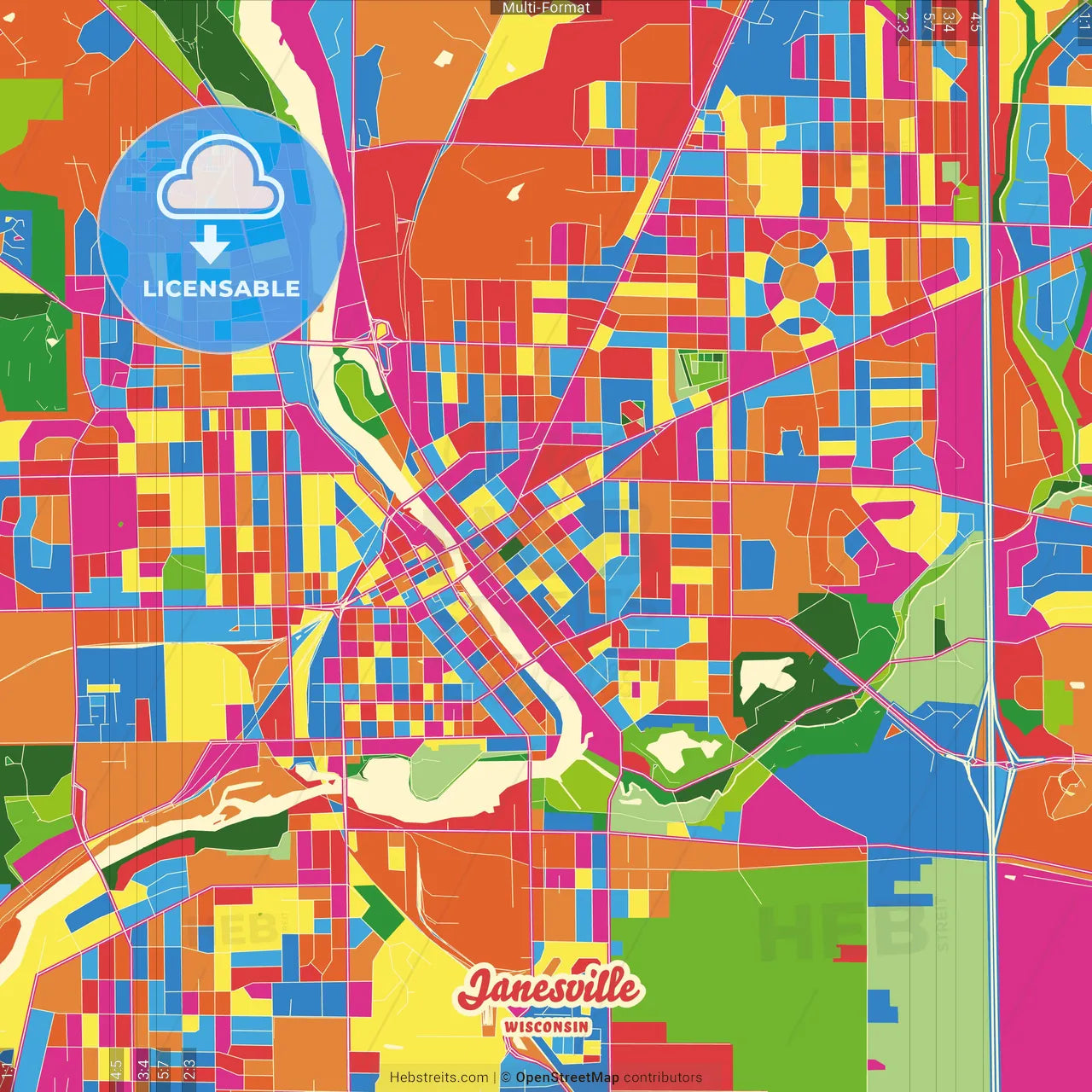 Janesville, Wisconsin, United States Crazy Colorful Street Map Poster Template
