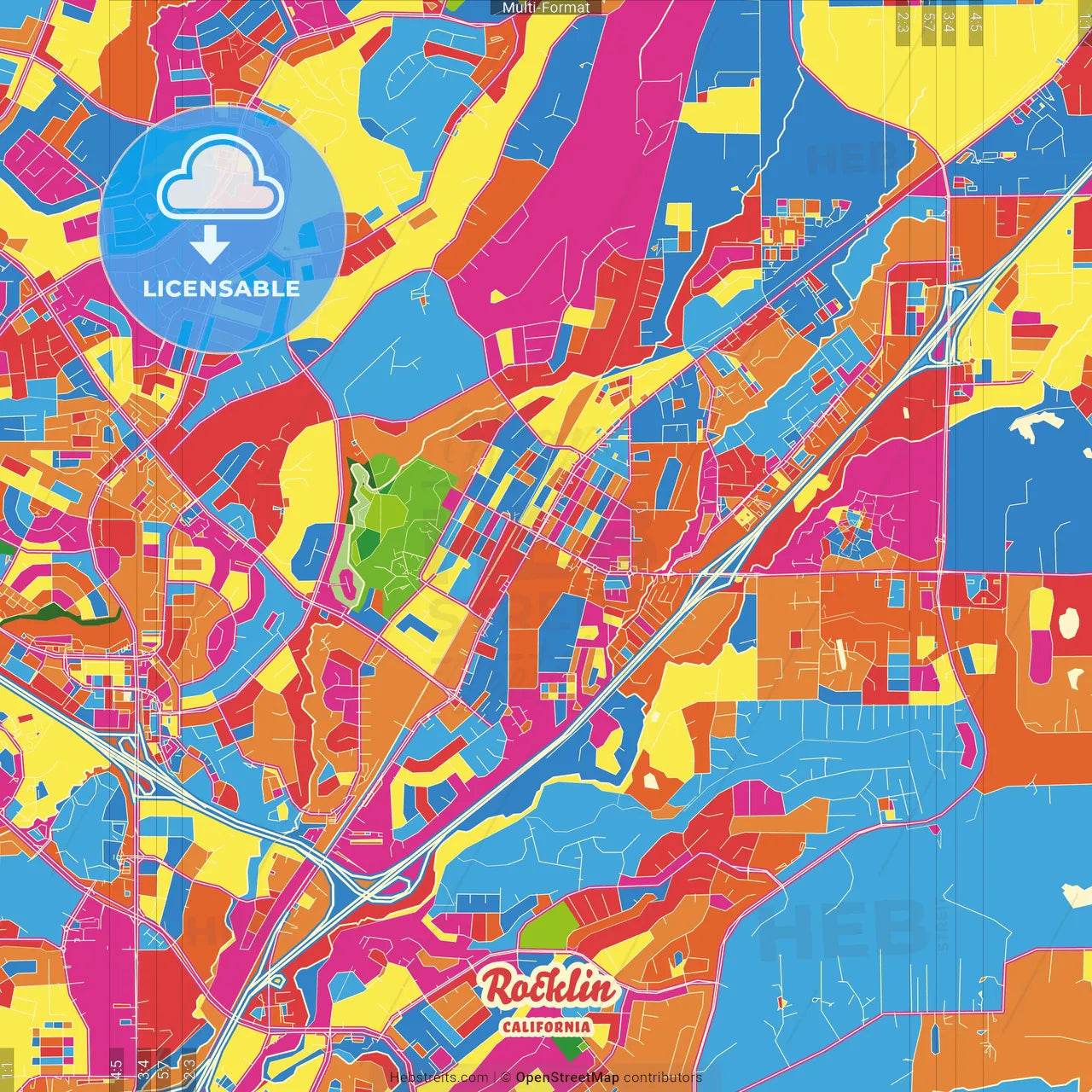 Rocklin, California, United States Crazy Colorful Street Map Poster Template